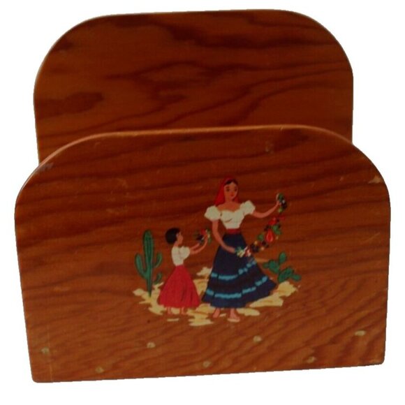 Vintage Hand Painted Wooden Napkin Holder Mom & Daughter Picking Flowers - Picture 3 of 3